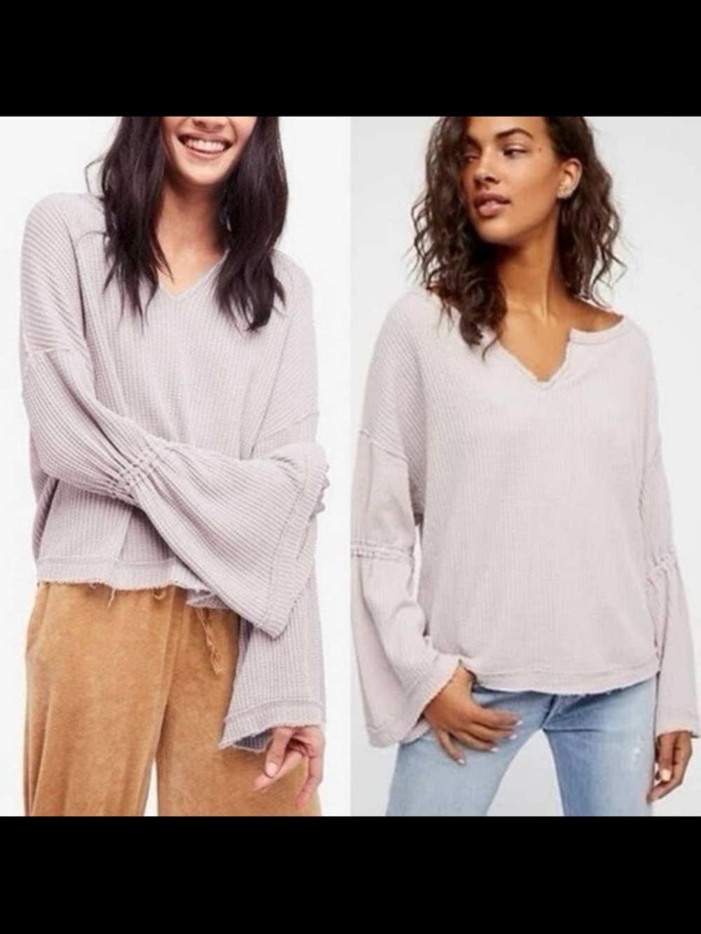 FREE PEOPLE Dahlia Bell Sleeve Gray oversized Thermal raw hem boho Top S/M